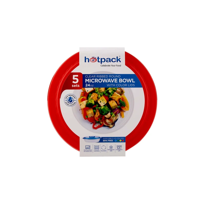 Round Ribbed Microwave Bowl With Color Lid 5 Pieces