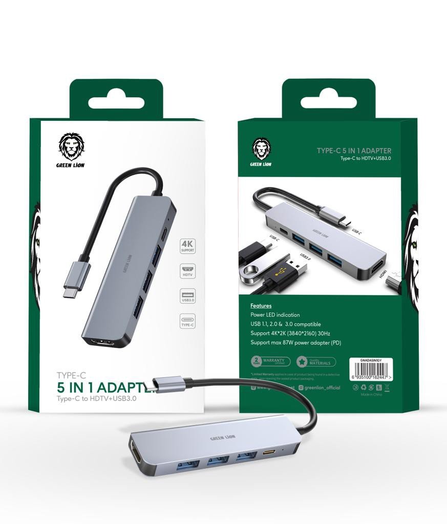 Green 5 in 1 Type-C Adapter 4K - Gray