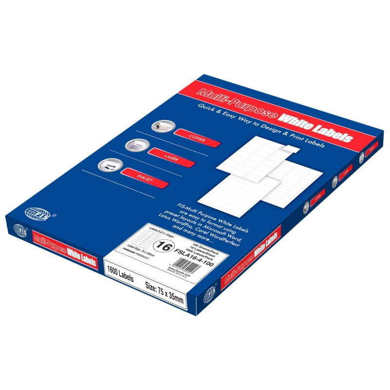 FIS Multipurpose Laser Labels, Colour White, Size 75X35MM, (16 Sticker x 100 Sheet) A4 Size, E.U. Origin Material - FSLA16-4-100