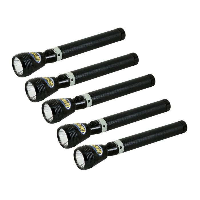 Geepas 5 In 1 Rechargeable Family Pack LED Flashlight 258.5mm - Hyper Bright Cool White Light 2000 Meters Range Portable Torch High Beam LED Flashlight| Water Proof Pocket Flashlight With Charger, Bat