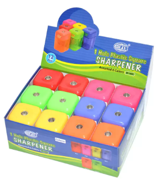 FIS Plastic Sharpeners 1 Hole, Square Shape, Assorted Colors, Pack of 12 Pieces - FSSP1601