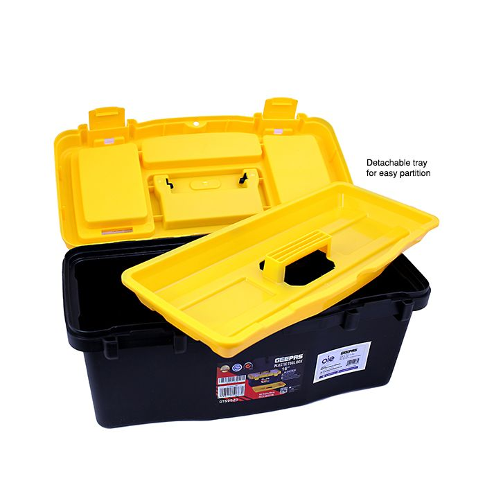Geepas GT59020 16" Plastic Tool Box With Gripped Handle, Detachable Tray And Durable Tool Storage Organiser