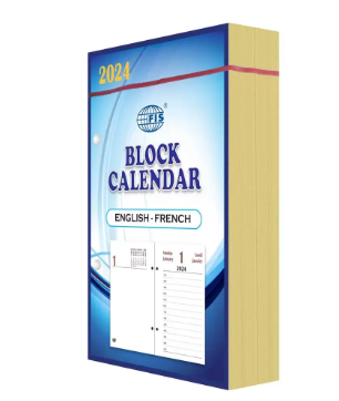 FIS 2024 Block Calendar, English & French, 1 Day Per Sheet , Gold Gilded Edges, 60 GSM White Paper - FSBCEFG24