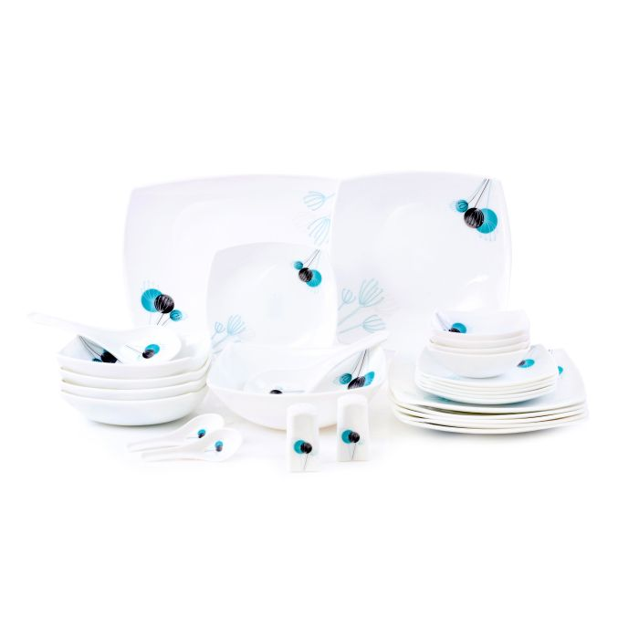 36Pcs Opal Ware Square Dinner Set - Floral Design Plates, Bowls, Spoons | Comfortable Handling | Perfect For Family Everyday Use, & Get- Together, Restaurant, Banquet & More (White)