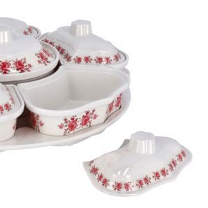 Royalford 14Pcs Revolving Serving Tray - Melamine - White - RF9994
