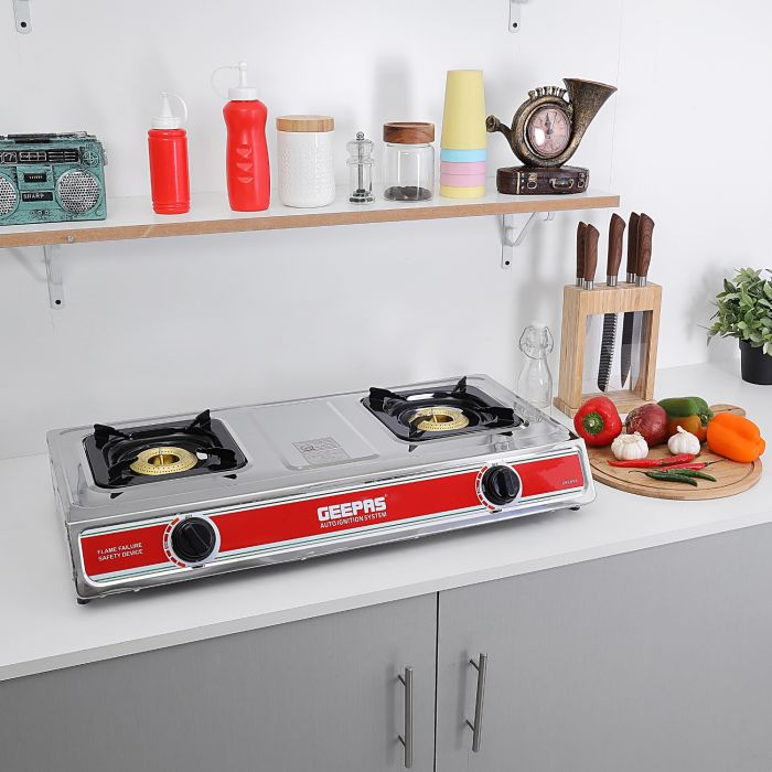 Geepas 2-Burner Gas Hob/Cooker - Attractive Design, Gas Range 2-Burner Stove Cooktop, Auto Ignition, Outdoor Grill, Camping Stoves| Stainless Steel Body | Compatible For LPG Gas (710x375x85mm)