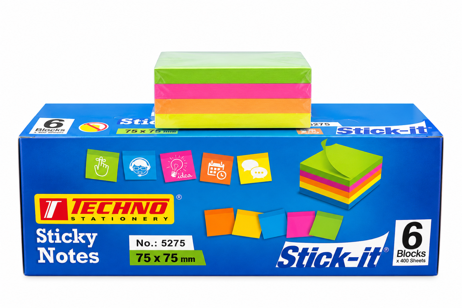 Techno Neon Sticky Notes 75x75mm 5 Colours
