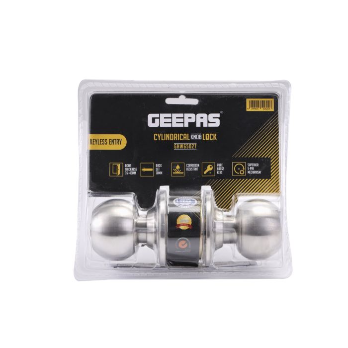 Geepas Stainless Steel Cylindrical Lock - Security Lock | 53mm 304 Stainless Steel Knobs With Latch Bolt, Stricker & Screws With Keyless Operation | Ideal For Bedroom, Bathroom And More | 2 Years Warr