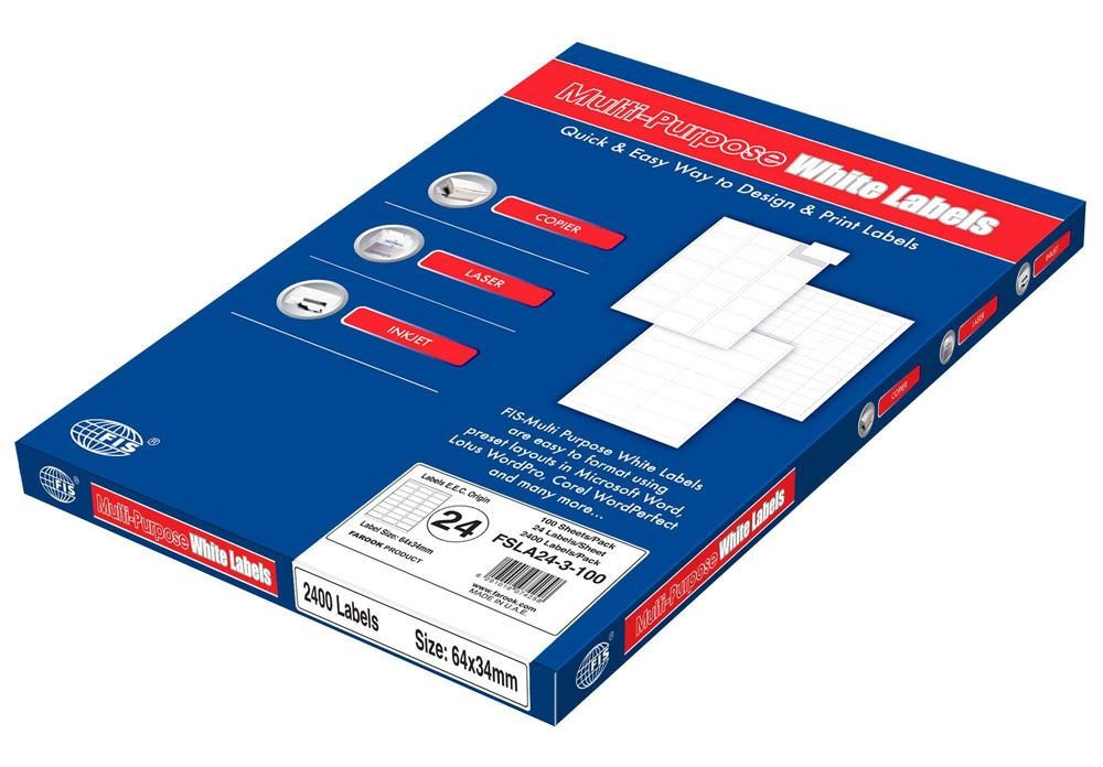 FIS Multipurpose Laser Labels, Colour White, Size 64X34MM, (24 Sticker x 100 Sheet) A4 Size, E.U. Origin Material - FSLA24-3-100