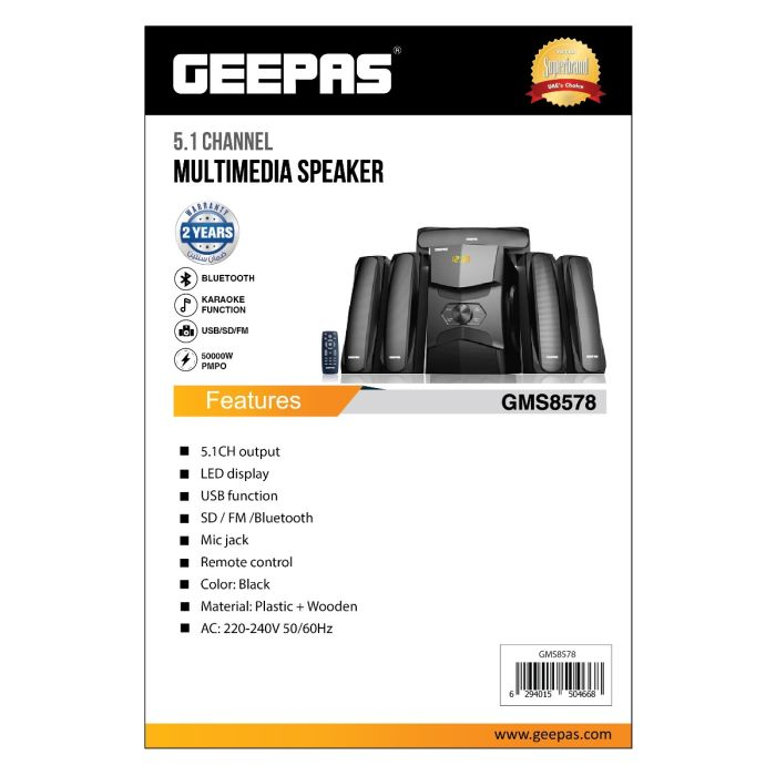 Geepas 5.1 Immersive Sound - 5000 Watts Peak Power, Booming Bass, 3.5mm Mic Jack, USB, Bluetooth & Multiple Device, Ideal For Pc, Ps4, Xbox, Tv, Smartphone, Tablet, Music Player & More | 2 Years Warra