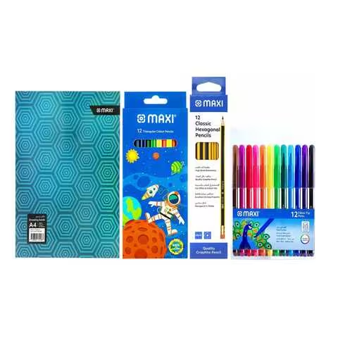 Maxi 12 Classic Hexagonal Pencils With 12 Triangular Colour Pencils, 110 GSM Drawing Book A4 20 Sheets And 12 Fibre-Tip Pens