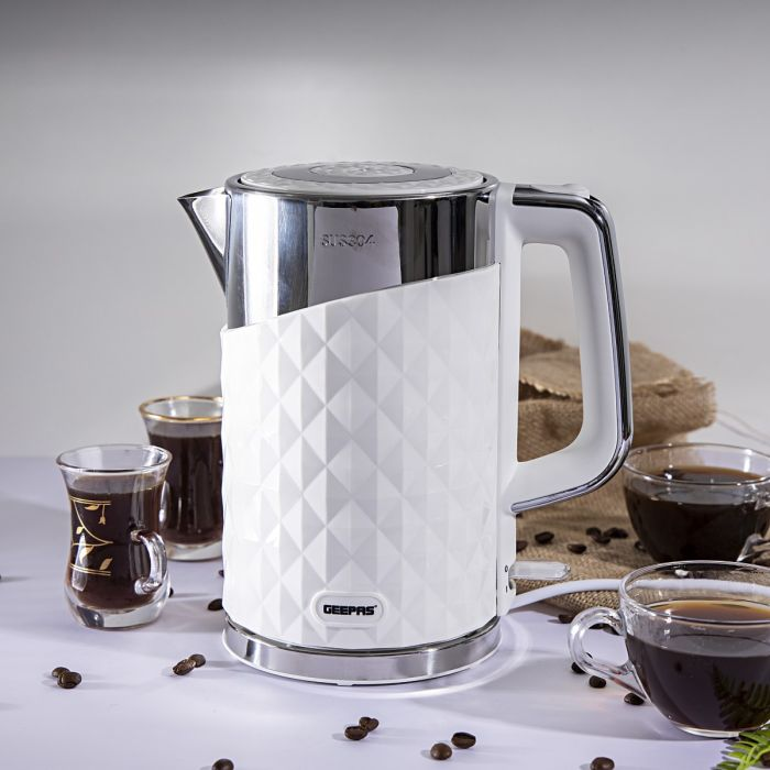 2200W 1.7L Cordless Double Wall Electric Kettle, Concealed Heating Element, Lid Safety Lock, Boil-Dry Protection With Auto Shut Off - 2 Years Warranty