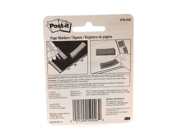 3M Post-it Page Markers Assorted Colors 670-5AF 5pads/pack