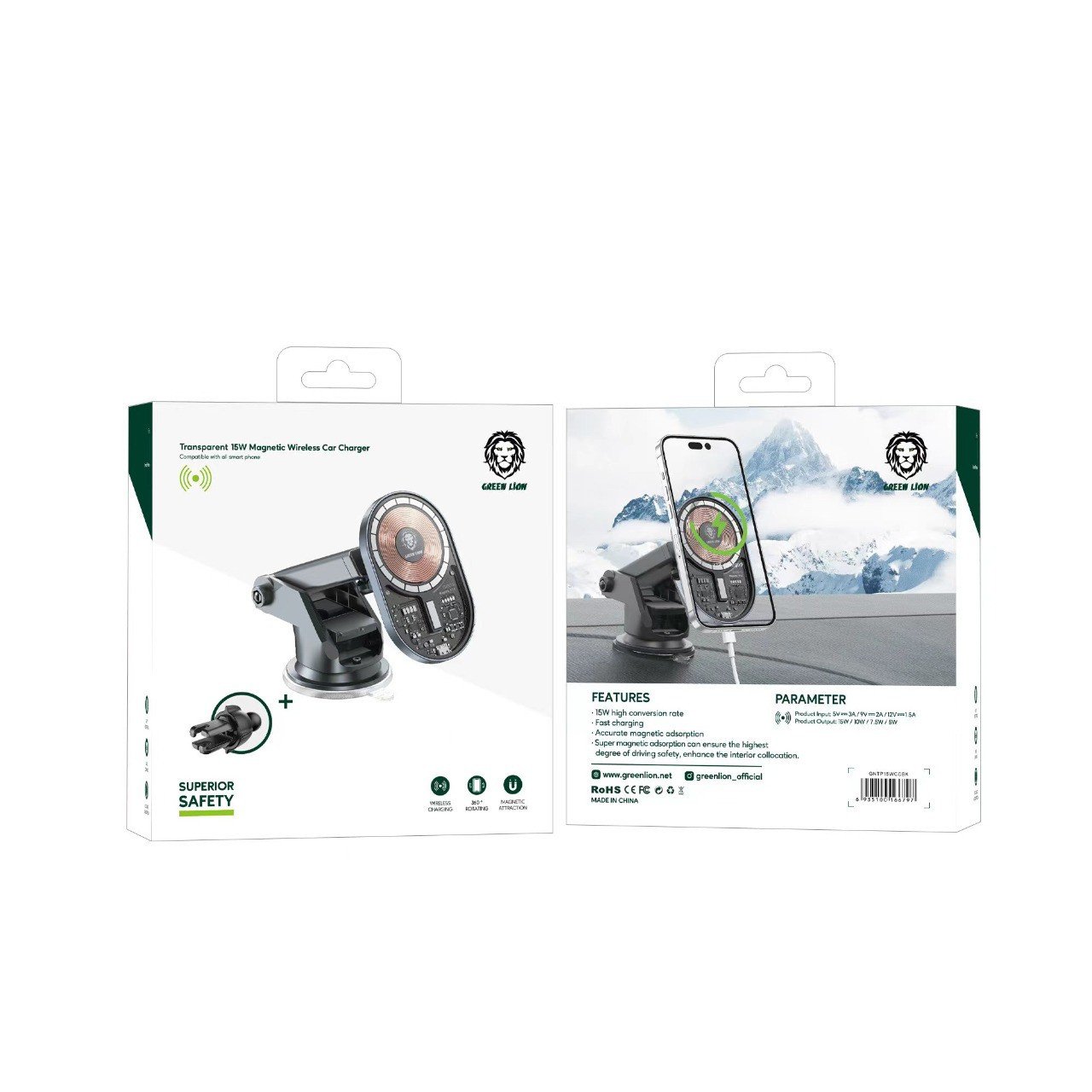 Green Transparent Magnetic Wireless Car Charger 15W - Black