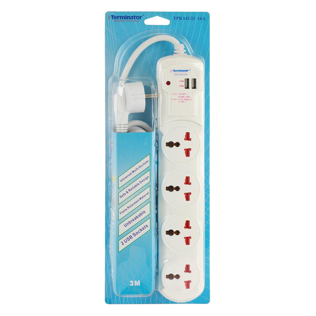 4 Way Universal Power Extension Socket 2 USB Socket 13A Plug