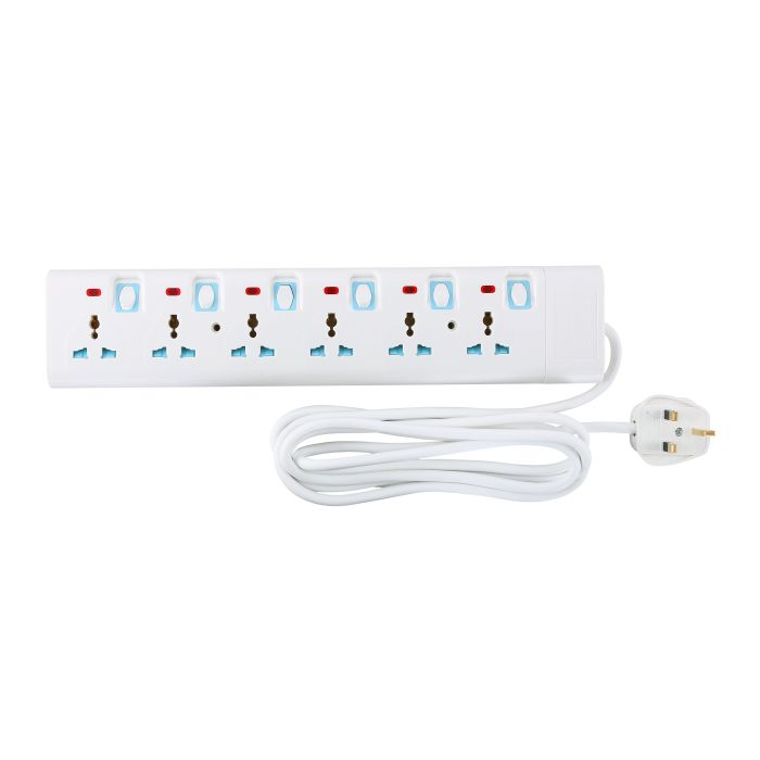 Geepas 6 Way Extension Socket 13A - Extension Strip With 6 Led Indicators With Power Switches | 3 Meter Cord| Ideal For All Electronic Devices | 2 Years Warranty