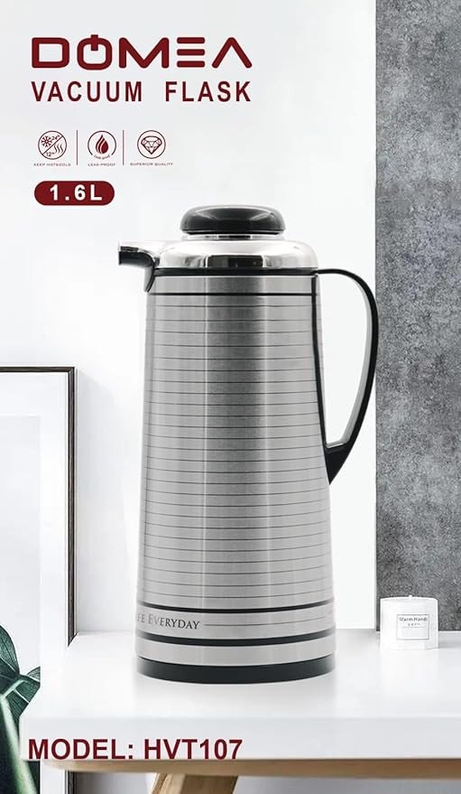 DOMEA Stainless Steel Vacuum Flask, Heat Insulated Thermos, Keep 24 Hour Cold, 12 Hour Hot, Leak Proof, For Tea, Coffee & Water Serving | For Indoor, Camping, Parties & Functions, 1.6 L, Silver