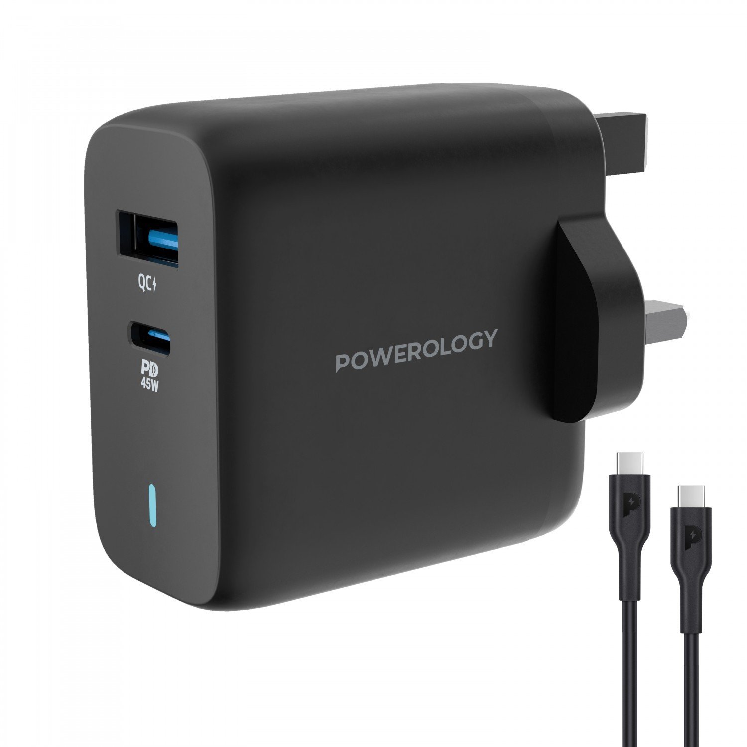 Powerology Dual Port Ultra-Quick GaN Charger QC3.0 + PD 45W with USB-C to USB-C 60W Cable - Black