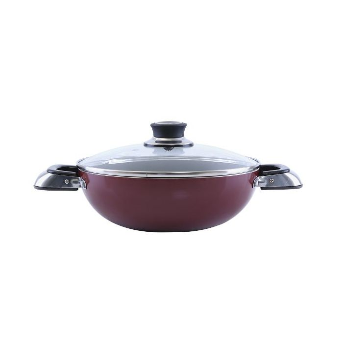 Royalford RF2947 Aluminium Wok Pan With Glass Lid, 22 CM - Induction Safe Frying Pan With Durable Non-Stick Granite Coating | Dishwasher Safe |Glass Lid & Heat-Resistant Handles - Cookware Casserole P