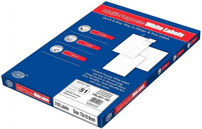 FIS Multipurpose Laser Labels, Colour White, Size 52.5X21.2MM, (56 Sticker x 100 Sheet) A4 Size, E.U. Origin Material - FSLA56-100