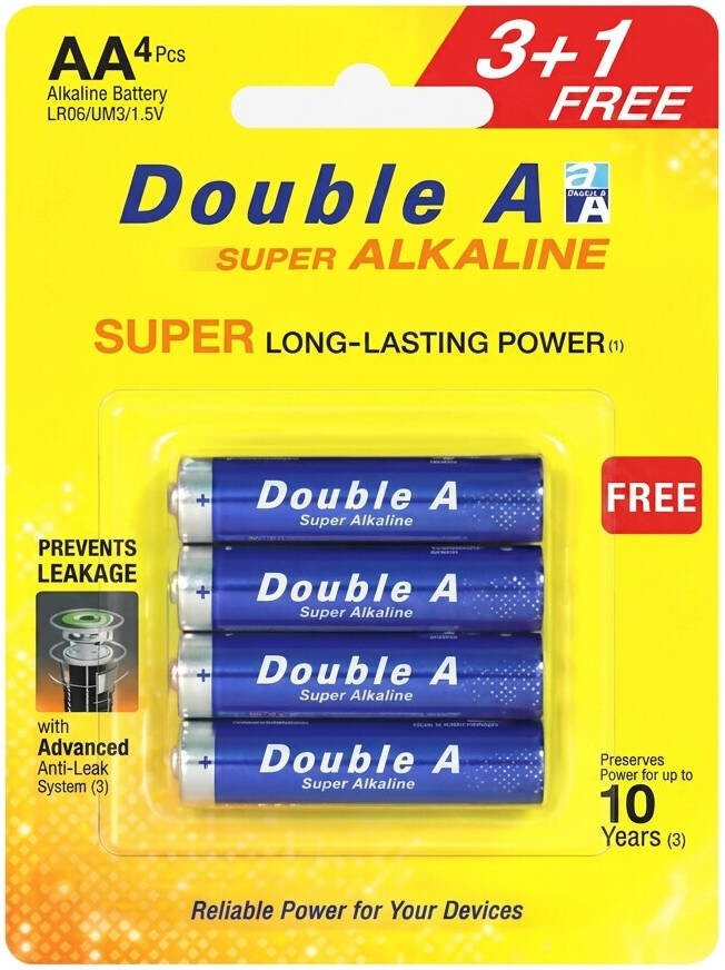 Double A Long Lasting Power AA Super Alkaline Batteries 4-Pieces
