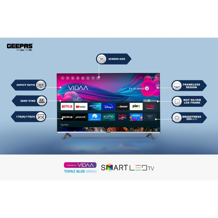 Geepas 55" VIDAA Professional TV- GLED5509SVUHD| Smart Voice Control, 4K Ultra HD, Smart TV With Frameless Design| With Remote Control, HDMI And USB Ports| Licensed Contents And Pre-Installed Apps, Bl