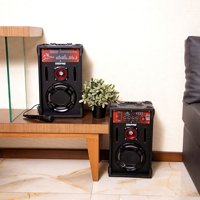 Geepas 6.5" 2- Channel Professional Speakers - Tweeters, Adjustable Master Volume/Bass/Treble Knob, Wireless Microphone, FM With USD & SD Ports | Ideal For Quiz Nights, Discos, Singing, Karaoke & More