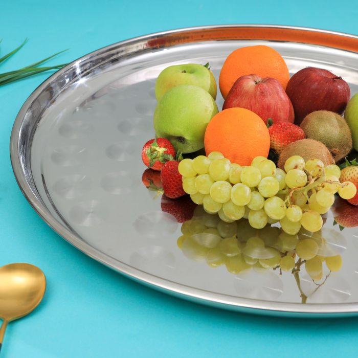 Royalford RF5345 22" Stainless Steel Group Serving Tray - Stackable Swirl Pattern Round Bar Tray Silver Platters For Serving Cocktails & Beverages At Parties, Restaurants, Bars, & Catering With Mirror