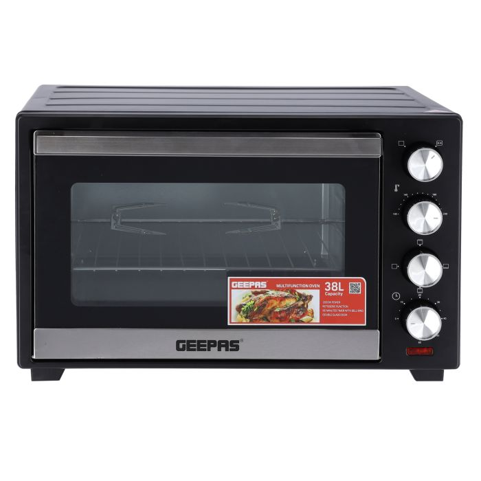 Geepas GO34046 38L Electric Kitchen Oven - Powerful 1600W With Crumb Tray, 60 Minutes Timer & Rotisserie & Convection Function | 6 Selectors For Baking & Grilling | 4 Accessories Included