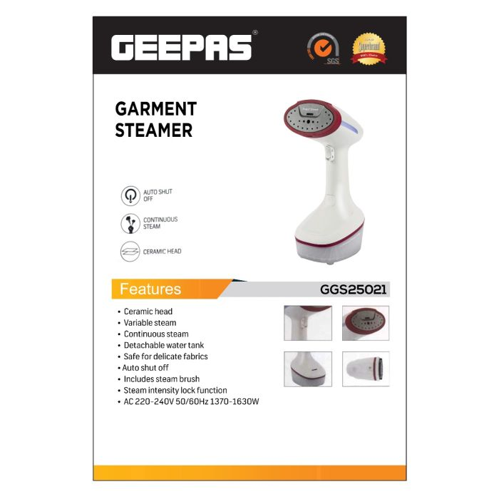 Geepas Garment Steamer 1630W - Clothes Steamer, Handheld Garment Steamer, Travel Steam Vertical Strong Steam Iron | Auto Cut-Off Powerful For Home, Office & Travel
