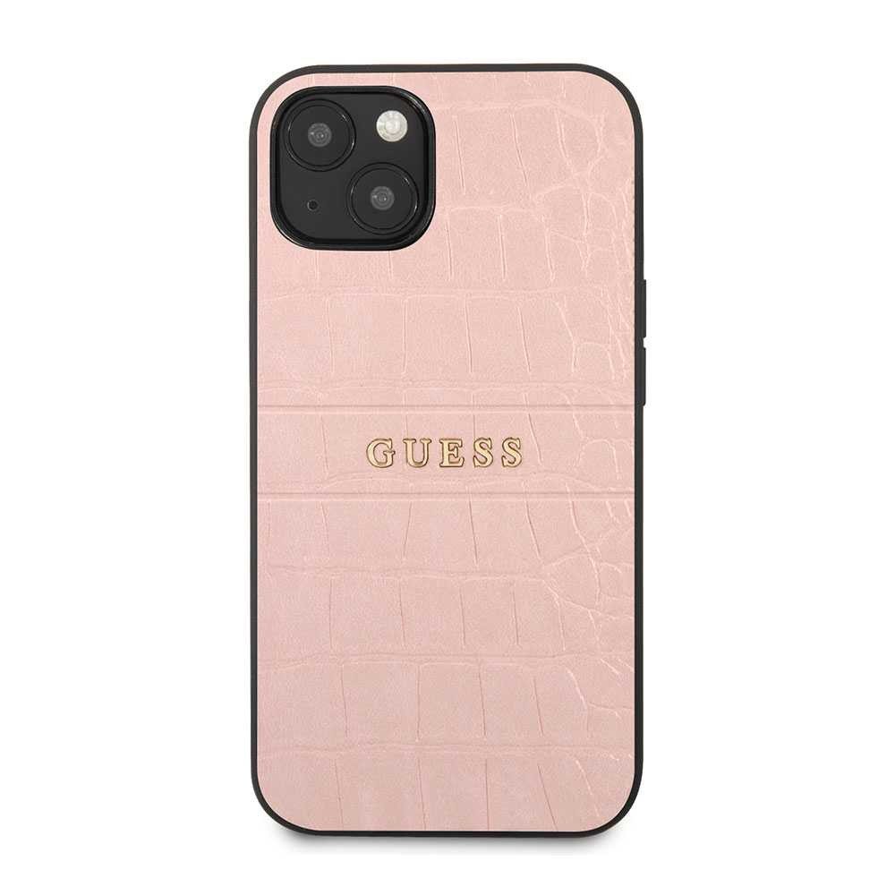 Guess PU Leather Croco Case Hot Stamped Lines And Metal Logo For iPhone 13 (6.1") - Pink