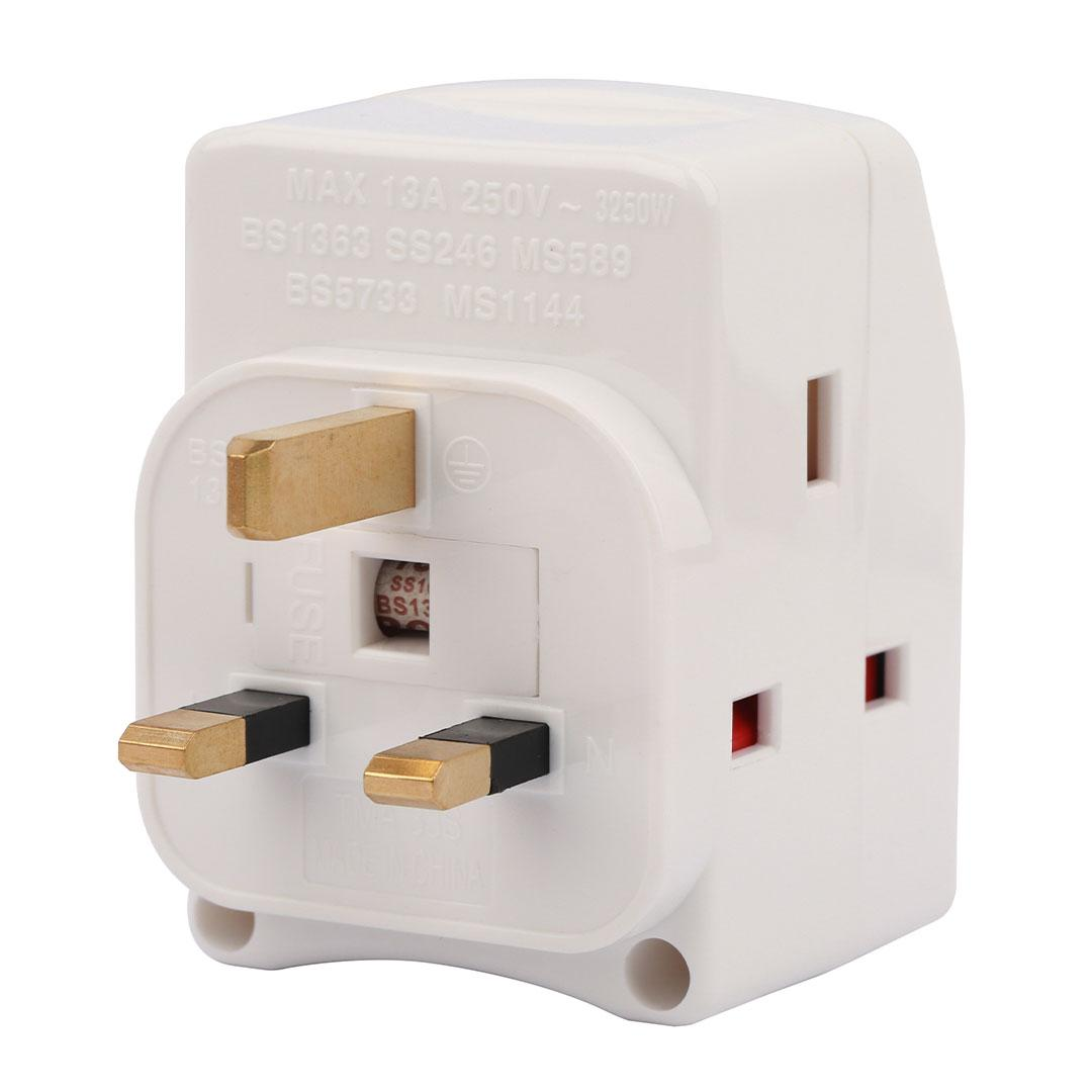 3 Way UK Socket Multi Adaptor With Individual Switch With 2 Pin Allowed Shutter, PC”