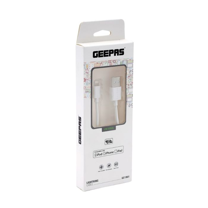 Geepas Lightning Cable - IPhone Charger Cable, USB Fast Charging Cable For IPhone 7 Plus/ 7/ 6s/ 6 Plus/ 5c/ Ipad Pro/ Ipad Air And Other Apple Models - White