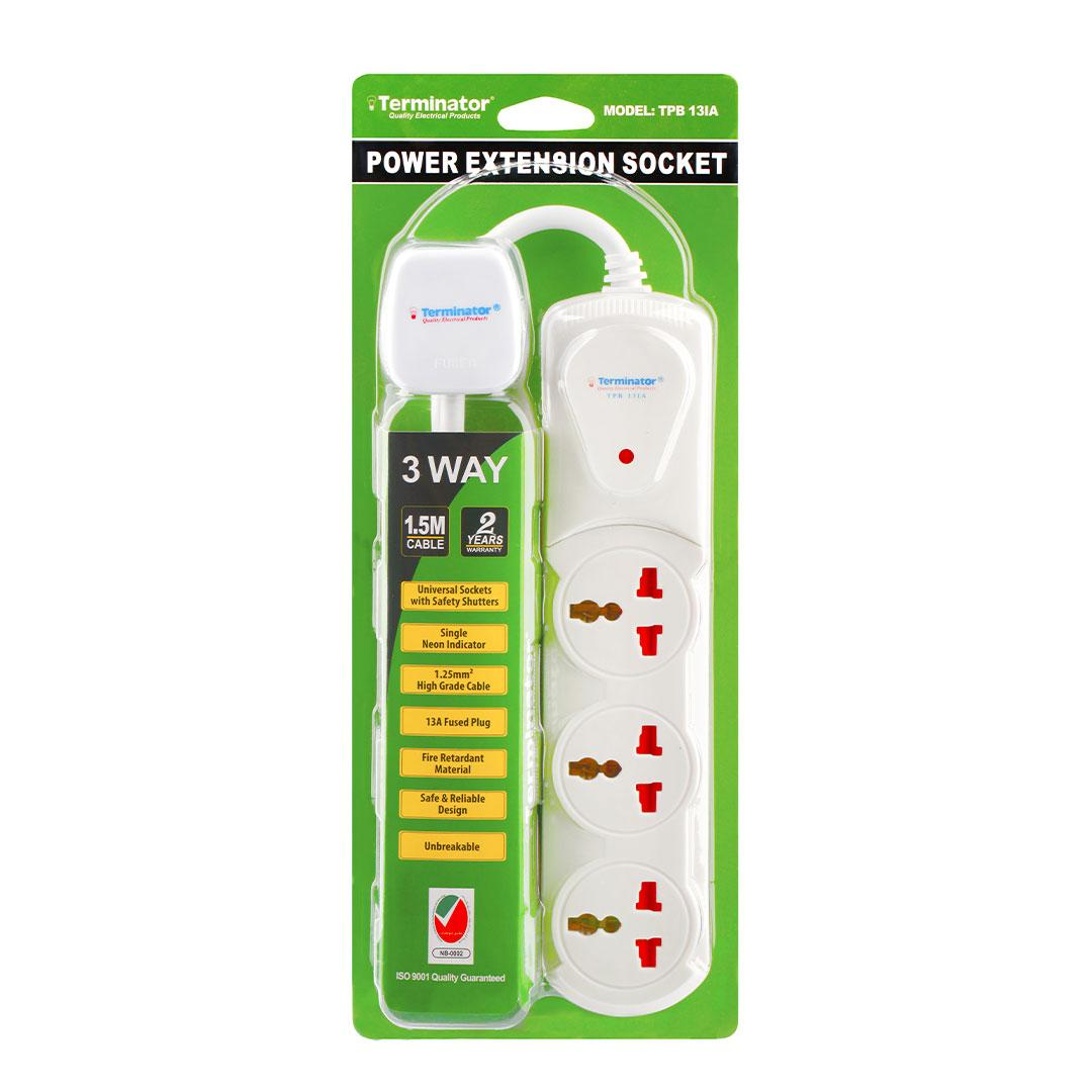 3 Way Universal Power Extension Socket 1.25mm2 Cable with Indicator Safety Shutters, 1.5M,13A