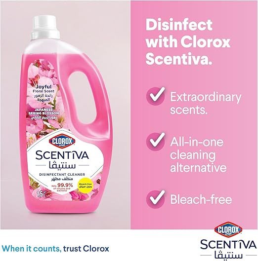 Clorox Scentiva Disinfectant Floor Cleaner 1.5L, Japanese Spring Blossom, Kills 99.9% of Viruses and Bacteria, Bleach Free