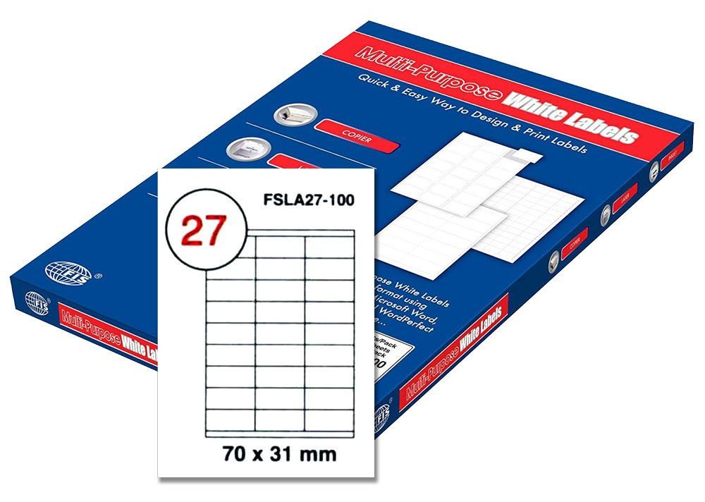 FIS Multipurpose Laser Labels, Colour White, Size 70X31MM,  (27 Stickers x 100 Sheet) A4 Size, E.U. Origin Material - FSLA27-100