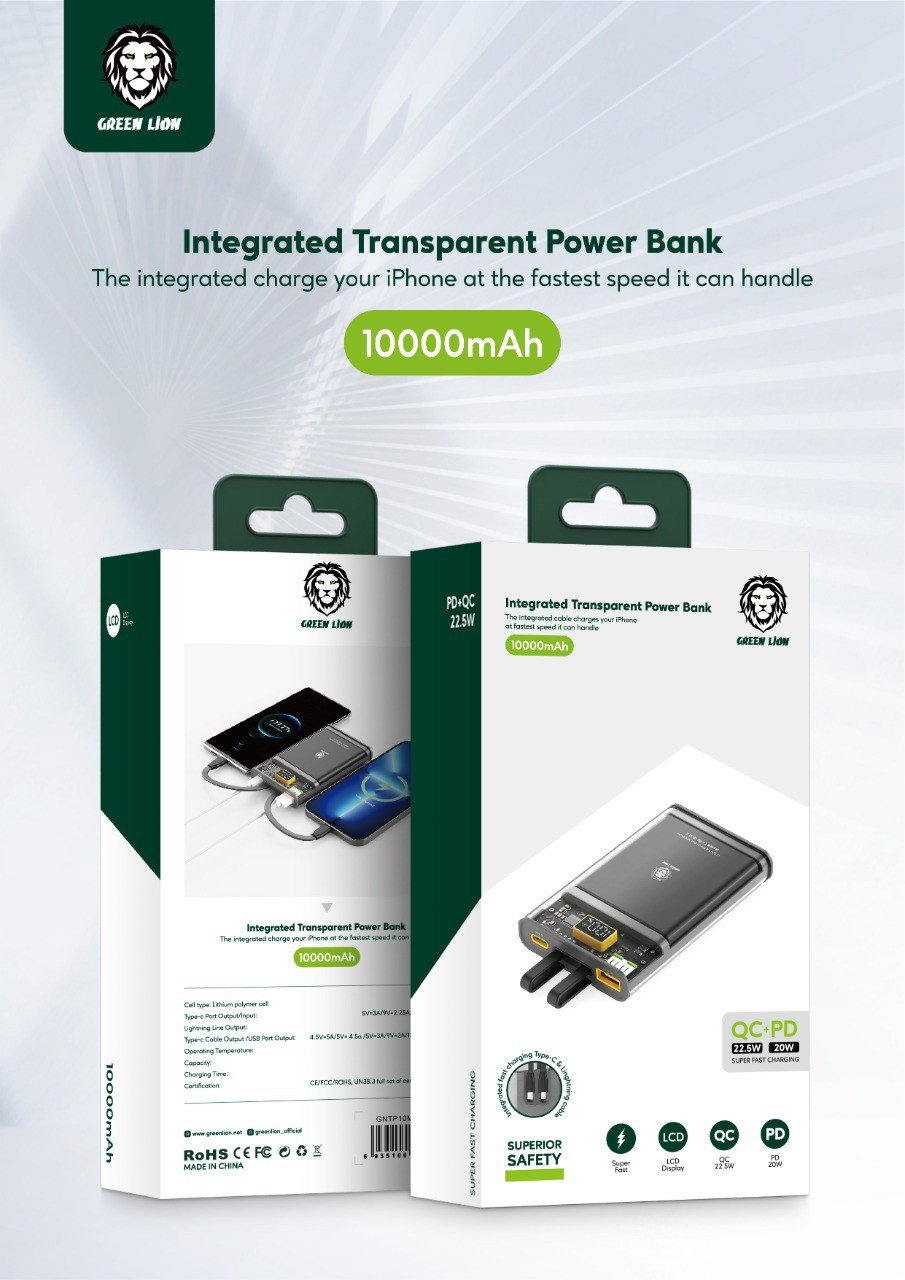 Green Integrated Transparent Power Bank 10000mAh ( QC 22.5W + PD 20W ) - Black