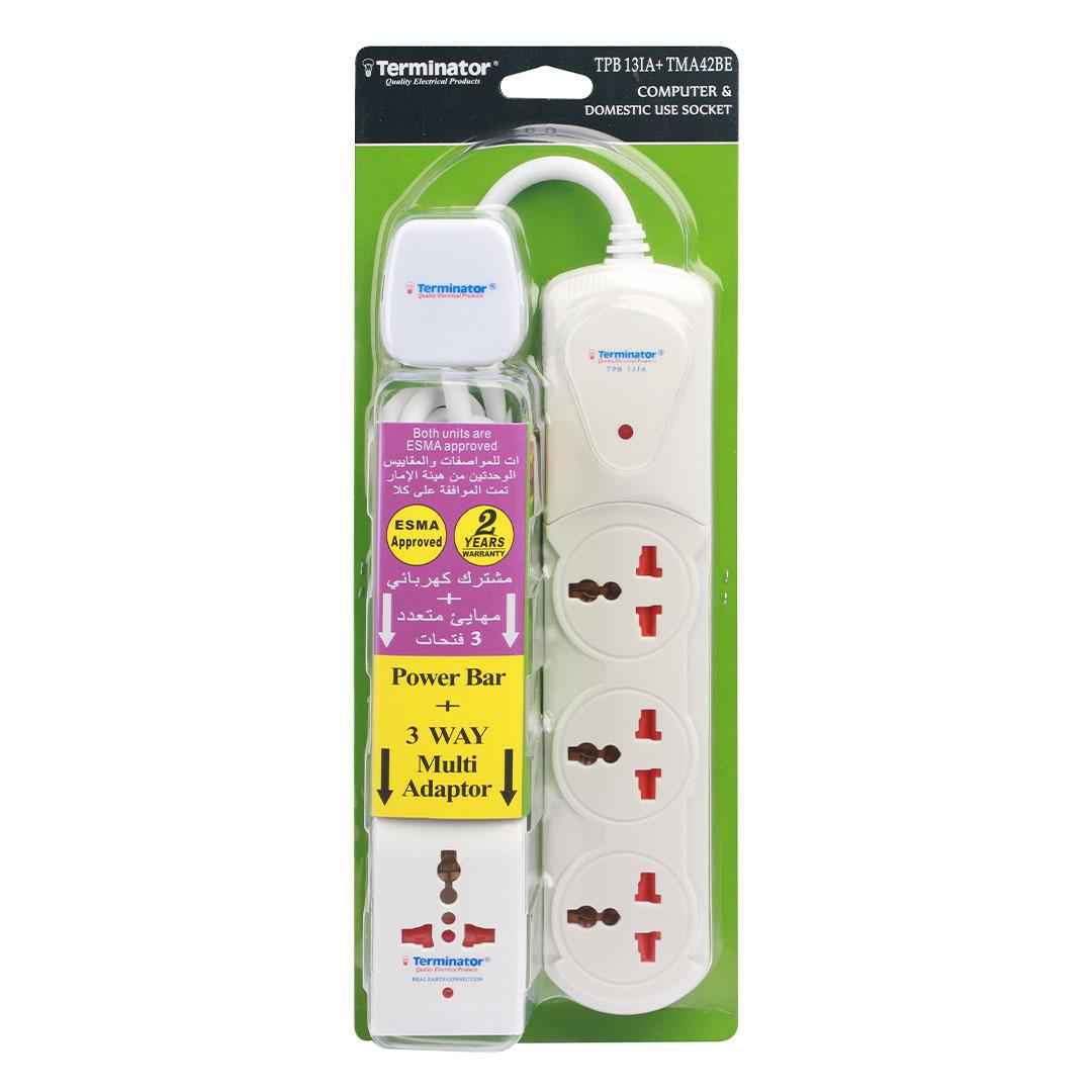 3 Way Universal Extension Socket + Indicator 1.25mm2 2M Cable 13A Plug With Multi Adaptor TMA 42BE