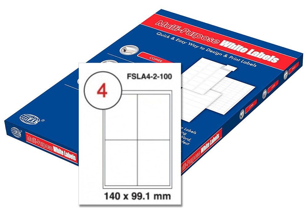 FIS Multipurpose Laser Labels, Colour White, Size 140X99.1 MM, (4 Stickers x 100 Sheet) A4 Size, E.U. Origin Material - FSLA4-2-100