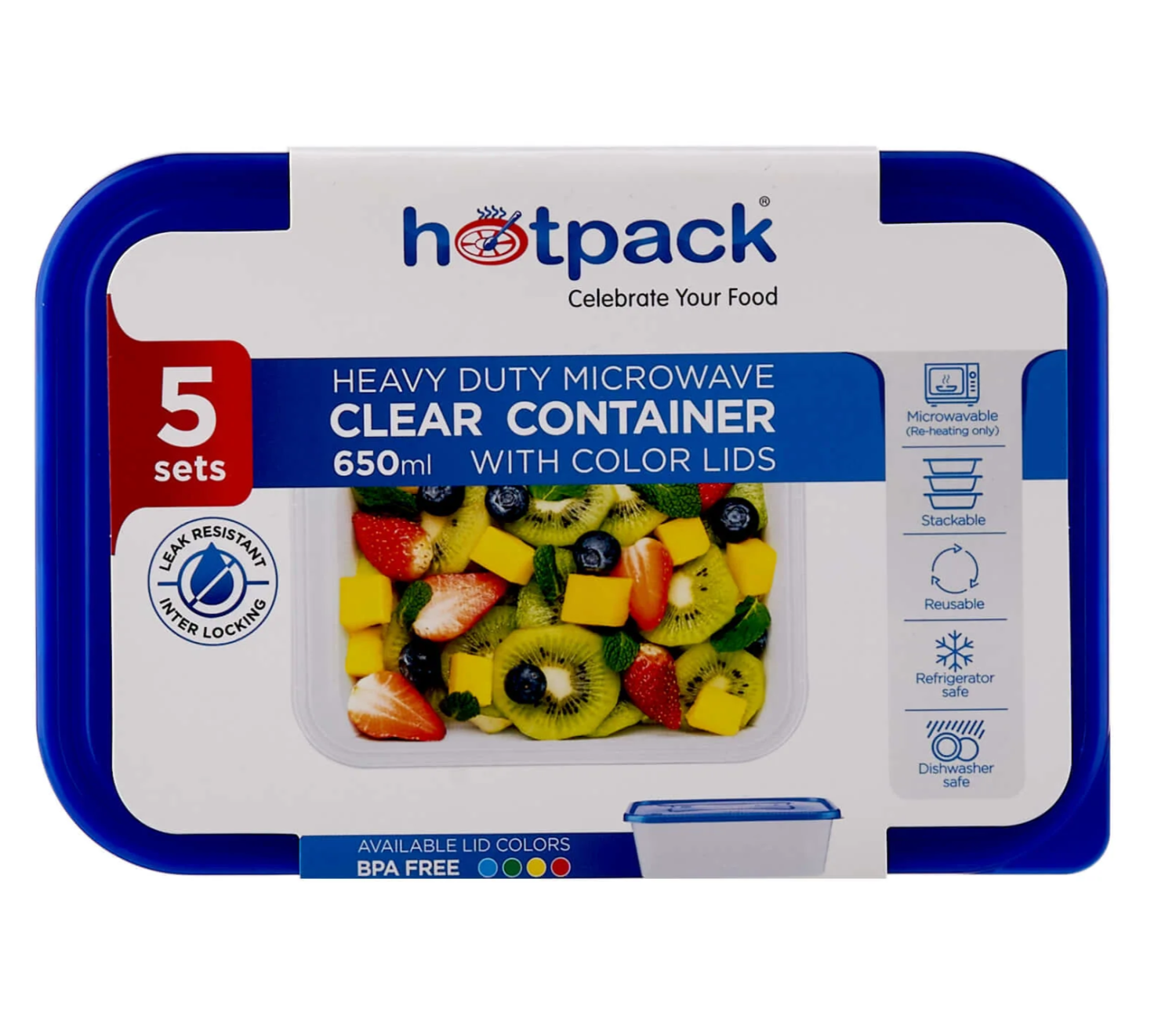 Clear Rectangular Heavy Duty Microwave Container with Color Lids 5 Pieces