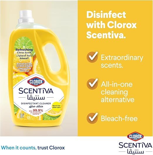 Clorox Scentiva Disinfectant Floor Cleaner 3L, Madagascar Citrus Grove, Kills 99.9% of Viruses and Bacteria, Bleach Free