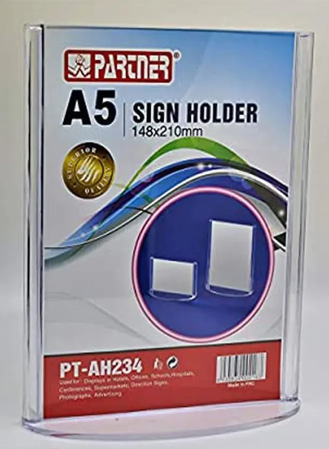Partner A5 Vertical T Shape Oval Base Sign Holder Clear