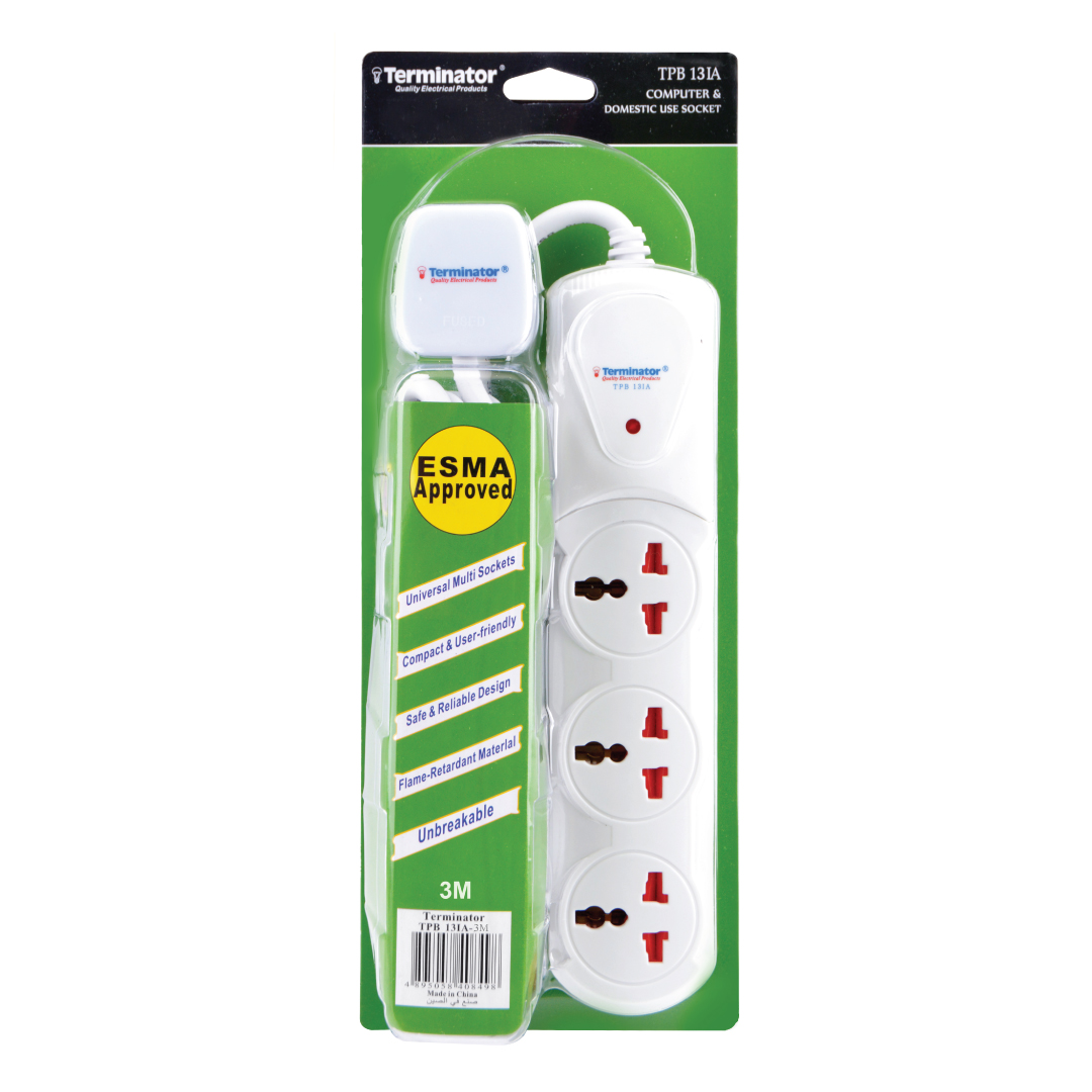 3 Way Universal Extension Socket With LED 3M Cable