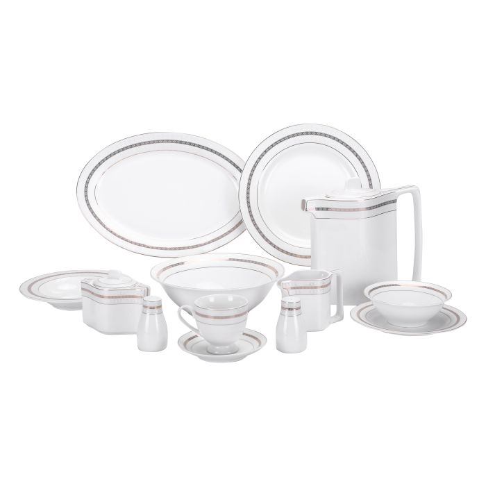 Royalford RF8396 47Pcs Ovation Fine Bone Round Dinner Set - Portable Design Plates, Bowl, Pot, Cups & Saucer | Comfortable Handling | Perfect For Everyday Use, & Get- Together, Restaurant, Banquet & M