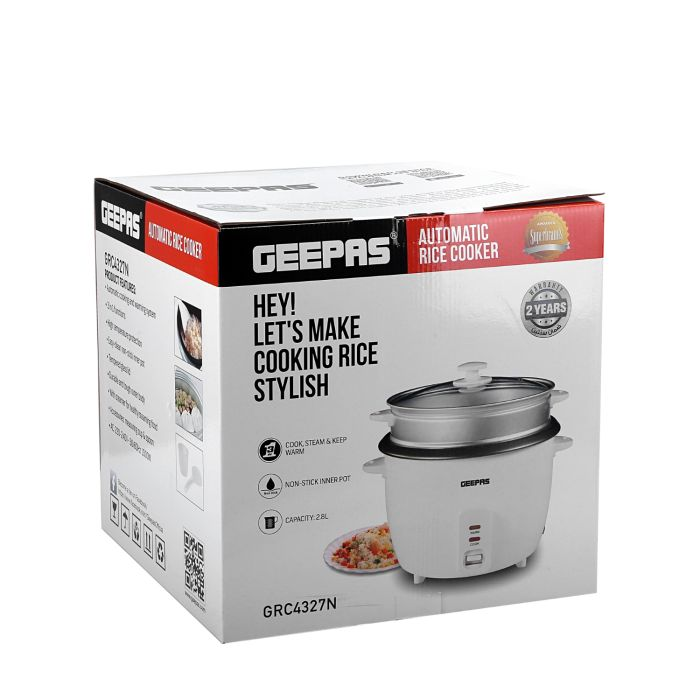 Geepas 2.8L Electric Rice Cooker - Cook/Steam/Keep Warm, & Simple One Touch Operation | Non Stick Pot |Make Rice, Steam Healthy Food & Vegetables | 2 Year Warranty