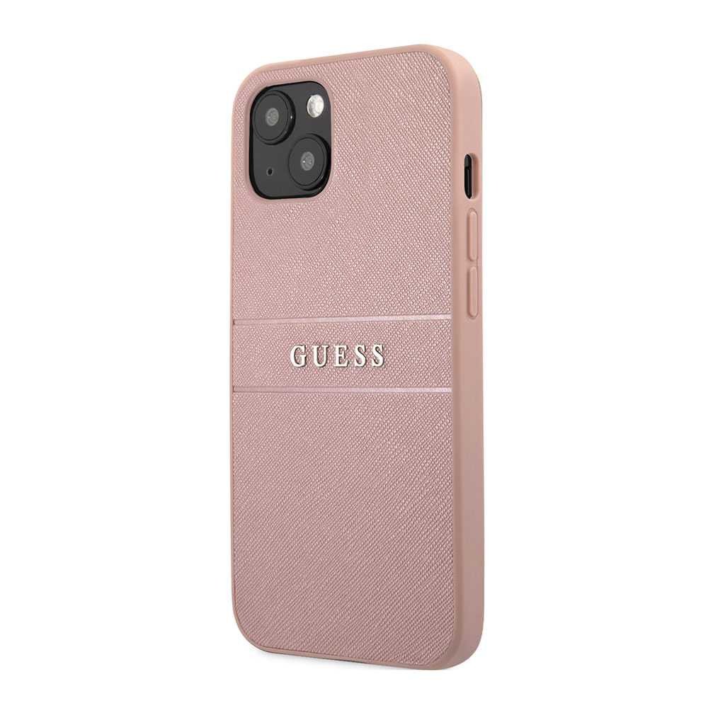 Guess PU Leather Case Saffiano With Metal Logo Hot Stamp Stripes For iPhone 13 (6.1") - Pink