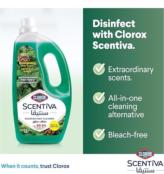 Clorox Scentiva Disinfectant Floor Cleaner 1.5L, Mediterranean Pine Forest, Kills 99.9% of Viruses and Bacteria, Bleach Free