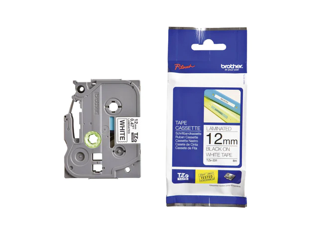 Brother P-touch 12mm TZ-231 Laminated Tape, 8 m, Black on White