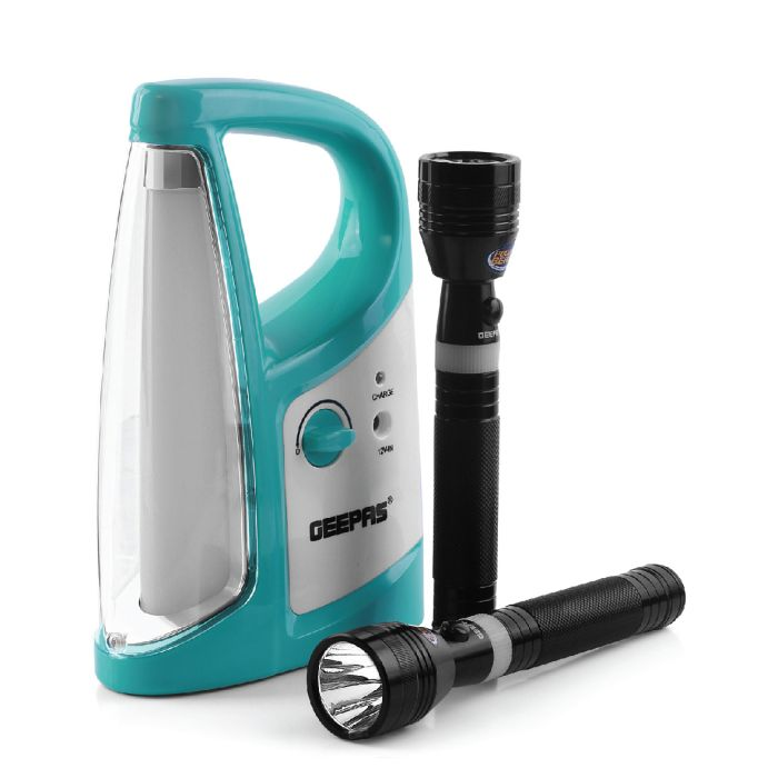 Geepas Rechargeable LED Lantern & 2Pcs Torch - Portable Emergency Lantern With Light Dimmer Function | Ideal For Outings, Trekking, Campaigning And More | 2 Years Warranty