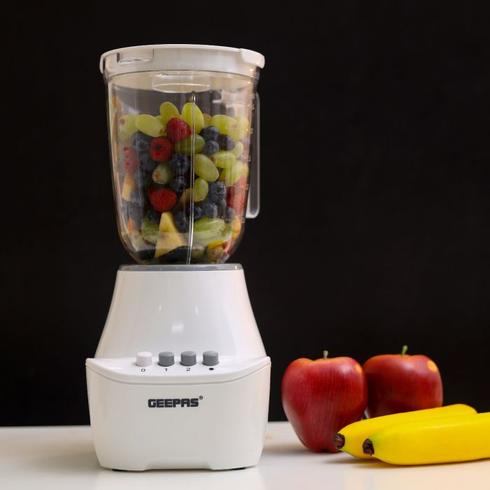 Geepas 400W 3 In 1 Blender - 1.5L Unbreakable Jar, 2 Sharp Stainless-Steel Blades With 2 Speed & Pulse | 2Pc Small Mill, Coffee/Spice Grinder Included | Ideal For Smoothie, Juice, Milkshake & More